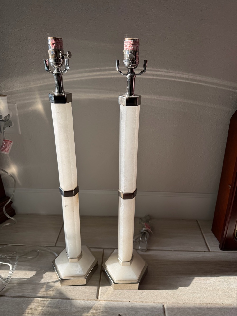 Pair of White solid marble Column Table Lamps with Silver Accents high quality